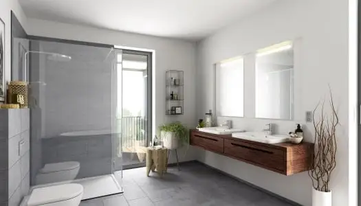 Modernes Bad mit grauen Bodenfliesen, ebenerdiger Dusche und zwei Waschbecken.