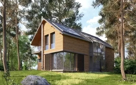 Haus mit Satteldach und Holzfassade