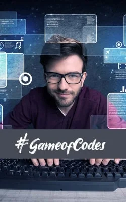 Ein Mann schaut durch Computer-Abbildungen durch und soll damit den Hashtag Game of Codes darstellen für den AUsbildungsberuf Informatikkaufmann bei Götz+Moriz