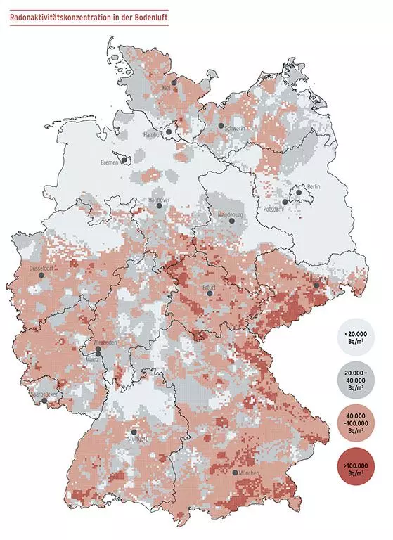 Karte von Deutschland mit der Verbreitung von Radongas