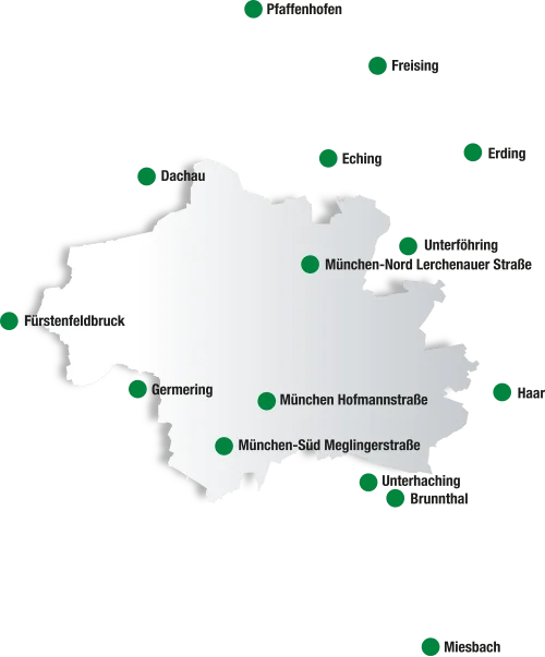 Karte mit den hagebaumärkten im Raum München, die zu der Unternehmensgruppe Wertheimer gehören