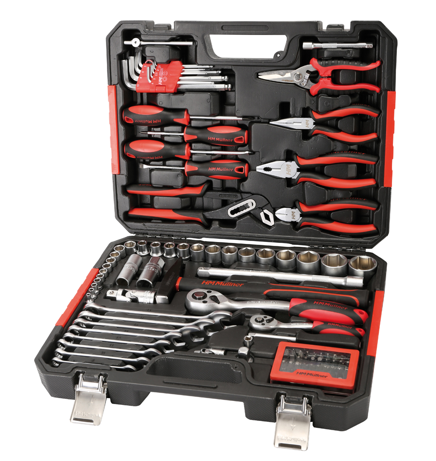 Werkzeugkoffer in Schwarz und Rot mit Schraubenziehern, Zangen, Bits etc...