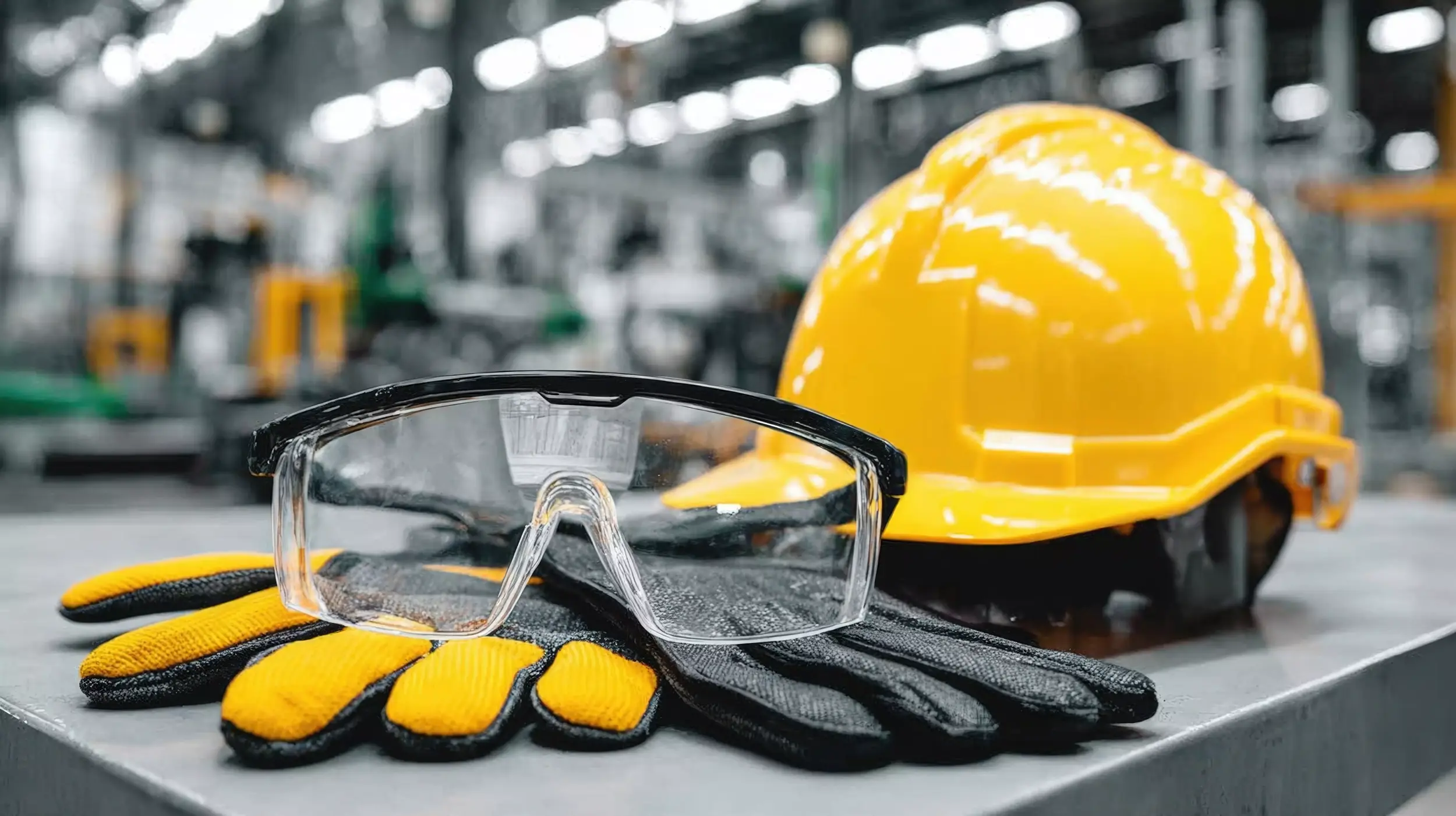 Gelber Schutzhelm mit Schutzbrille und Arbeitshandschuhen zur Arbeitssicherheit